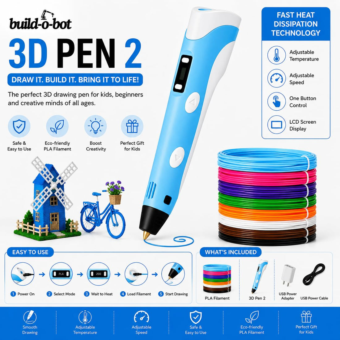 Blue and white 3D pen shown on a colorful infographic-style product page with text reading 'build-obot 3D PEN 2,' a stack of multicolored PLA filament, included accessories, and feature callouts such as adjustable temperature, one-button control, LCD screen display, and fast heat dissipation technology.