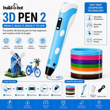 Blue and white 3D pen shown on a colorful infographic-style product page with text reading 'build-obot 3D PEN 2,' a stack of multicolored PLA filament, included accessories, and feature callouts such as adjustable temperature, one-button control, LCD screen display, and fast heat dissipation technology.