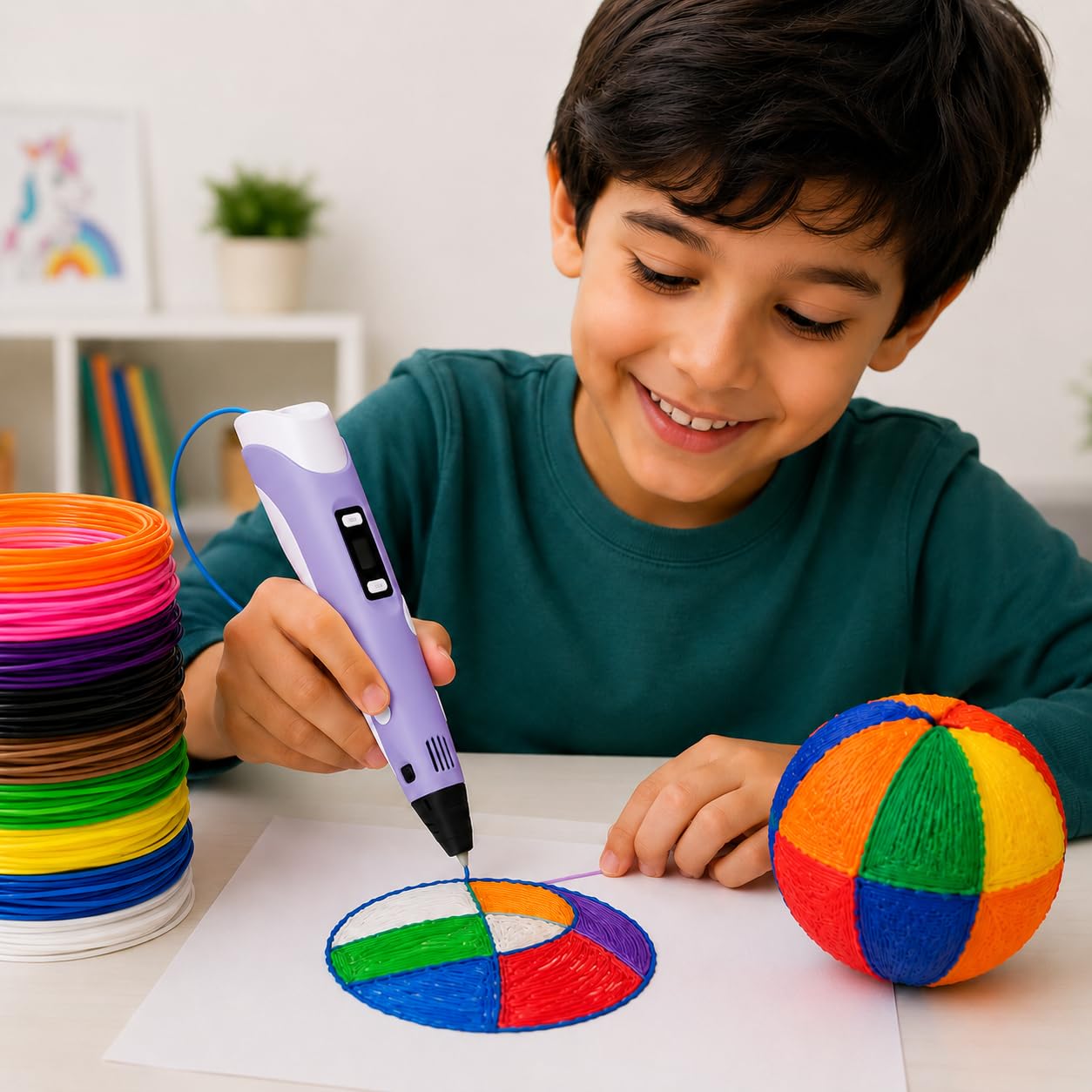 A young boy smiling while using a lavender 3D printing pen to draw a colorful circle on white paper. A stack of rainbow-colored 3D printing filament is visible on the left, and a completed multicolor ball sits on the right.
