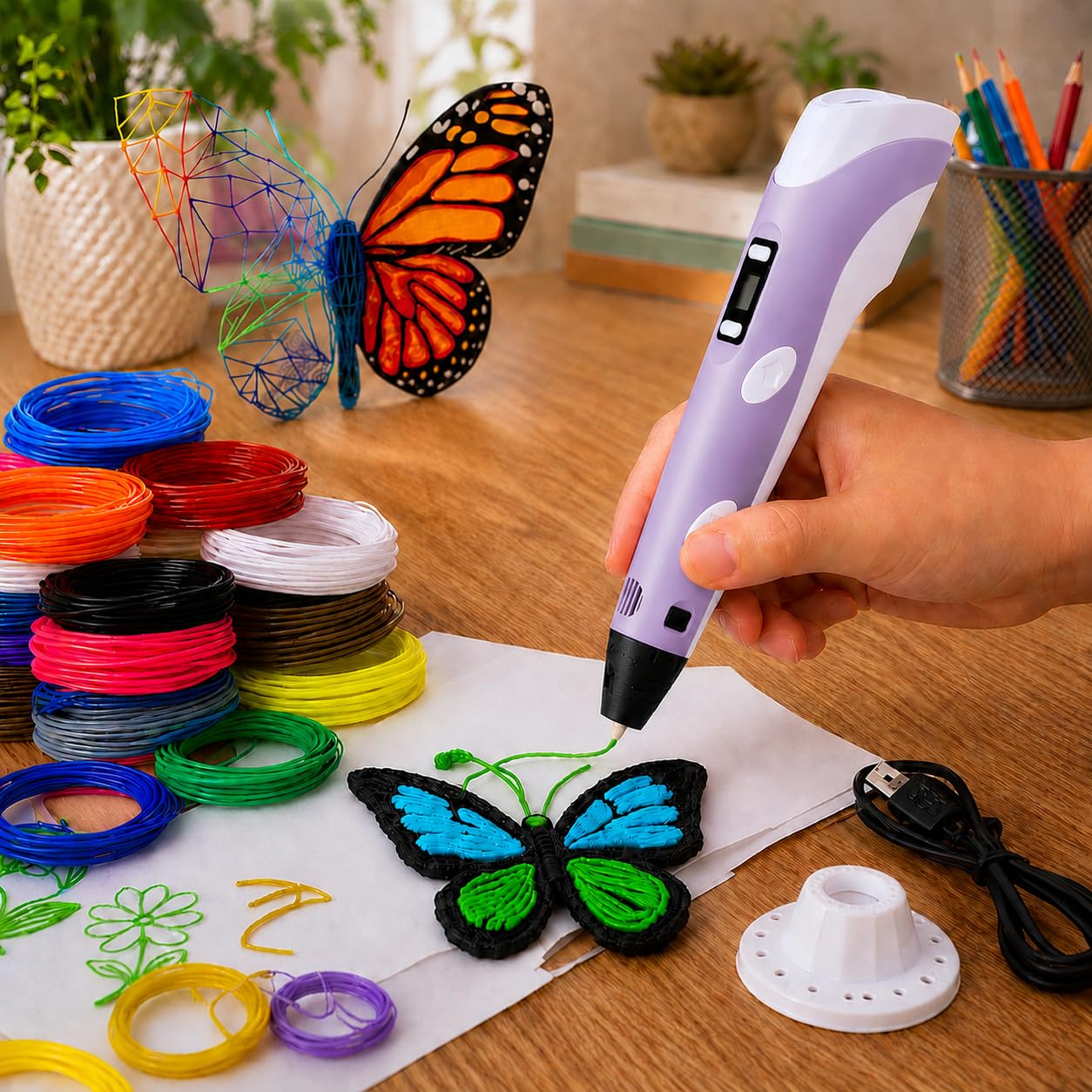 A hand holds a lavender and white 3D printing pen over a white sheet, with a colorful printed butterfly design emerging. The scene includes stacks of colored filament, a butterfly decoration, a power cable, and a blurred real indoor environment in the background.