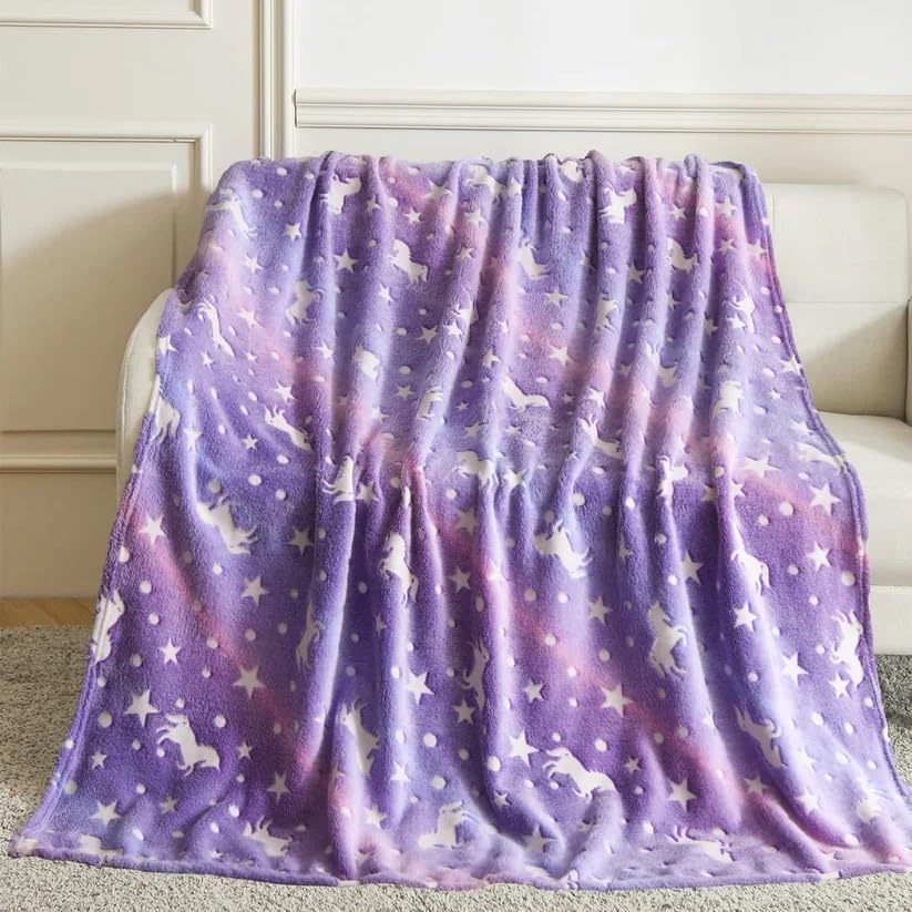Glow in the dark Blanket For Kids Soft Flannel Fleece - Boys & Girls (Purple Star) Age 0-15