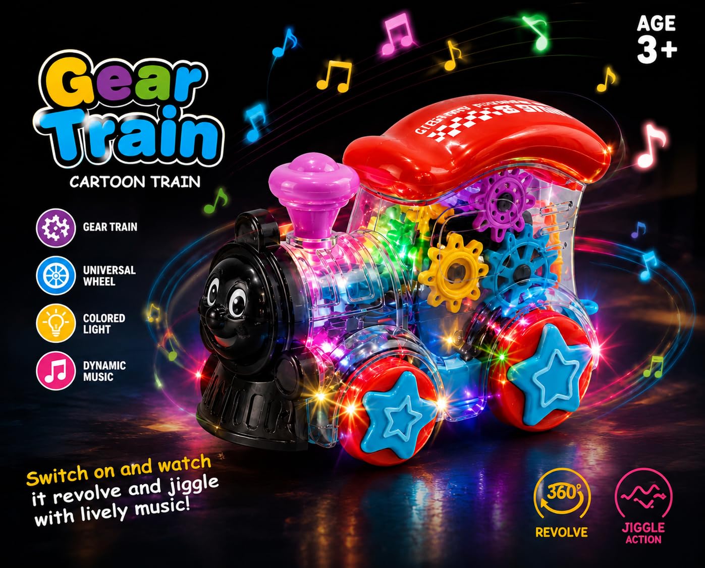 Colorful toy train with lights and music on a dark background