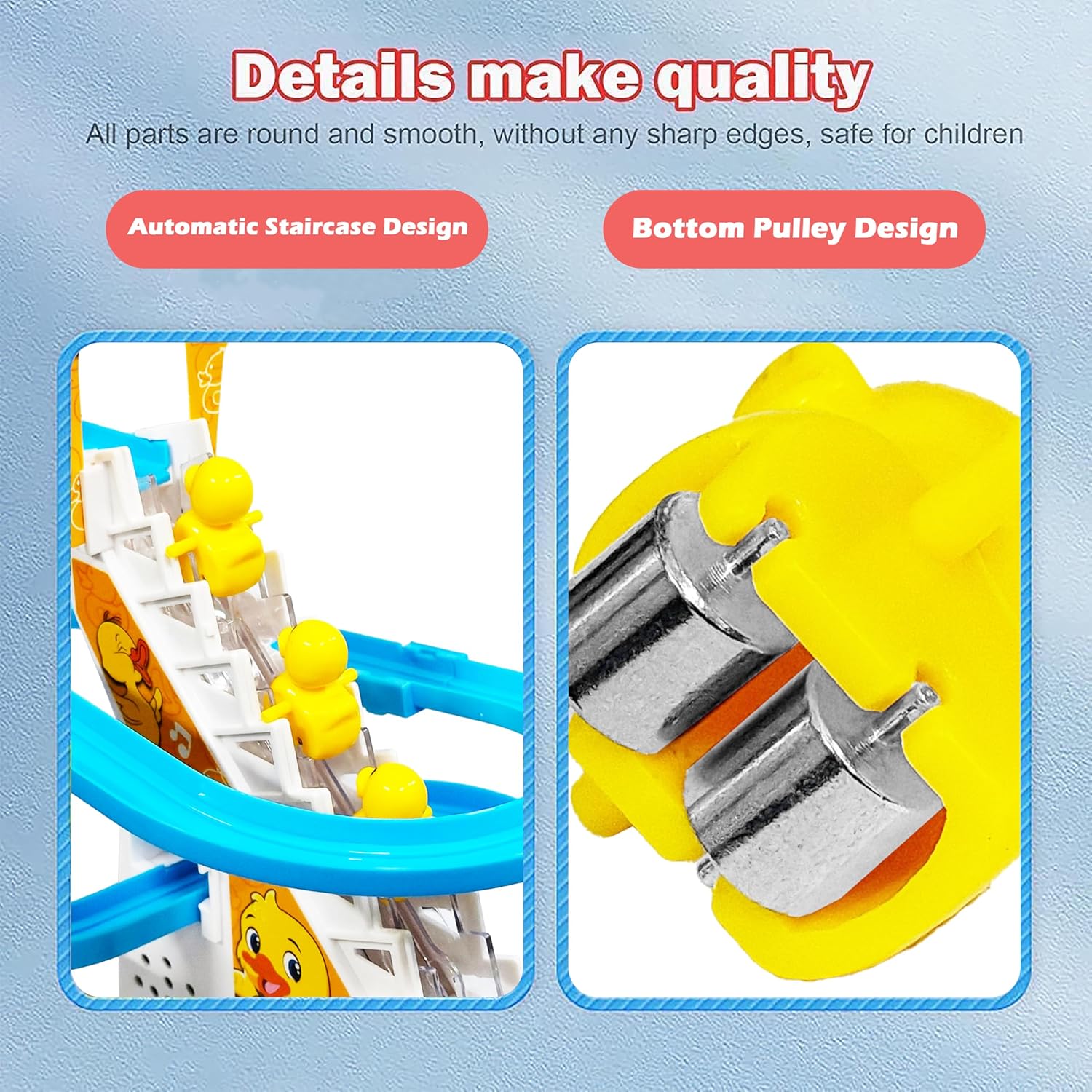 Toy track set with round, smooth parts, safe for children, on a light blue background.