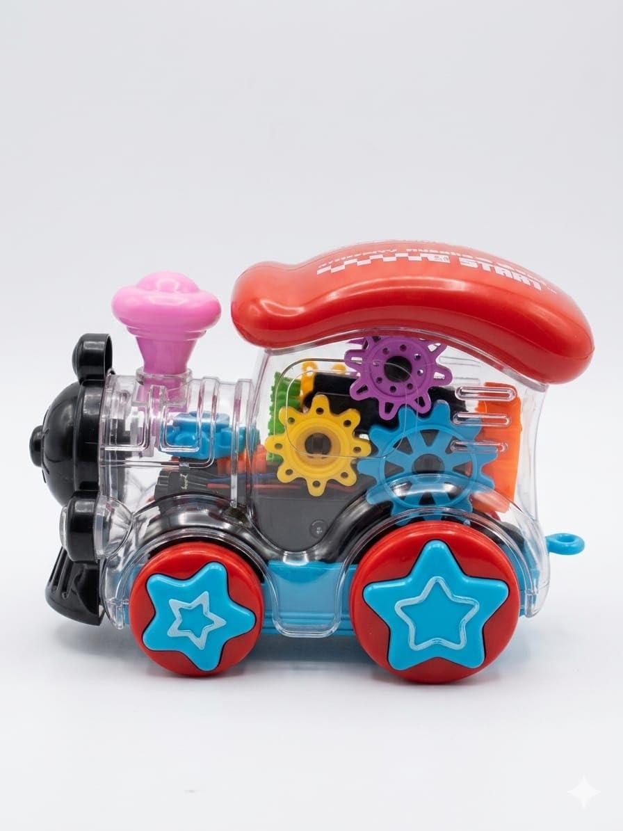 Colorful toy train with gears on a white background