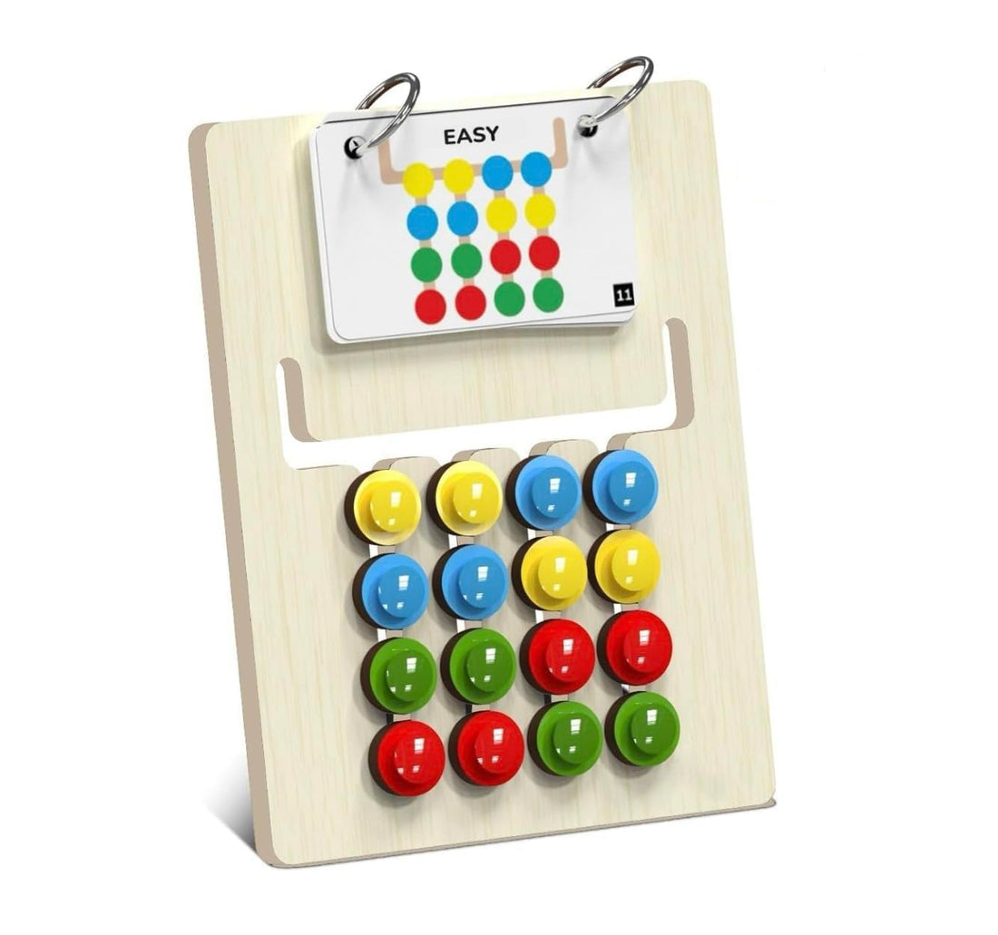 A wooden pegboard toy with a white hanging chart labeled 'EASY' and colorful round pegs in yellow, blue, green, and red, shown on a plain white background.