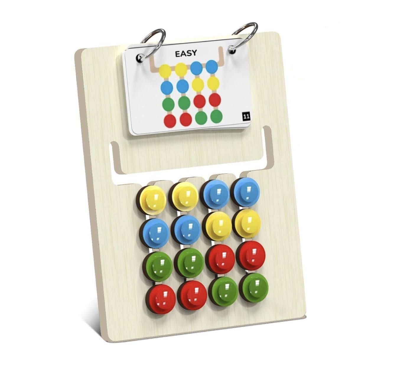 A wooden pegboard toy with a white hanging chart labeled 'EASY' and colorful round pegs in yellow, blue, green, and red, shown on a plain white background.