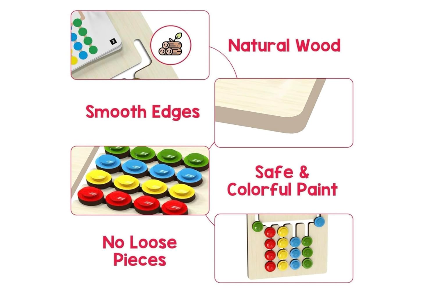 An infographic-style product feature diagram on a white background showing a wooden bead board with text callouts: 'Natural Wood,' 'Smooth Edges,' 'Safe & Colorful Paint,' and 'No Loose Pieces.' The main product is visible in inset photos, including a close-up of the wood surface and a full view of the colorful wooden bead board.