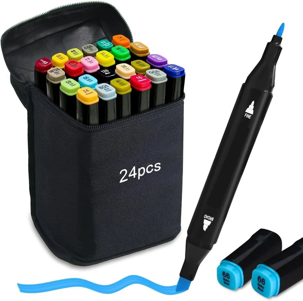 Set of 24 colored markers with a carrying case on a white background