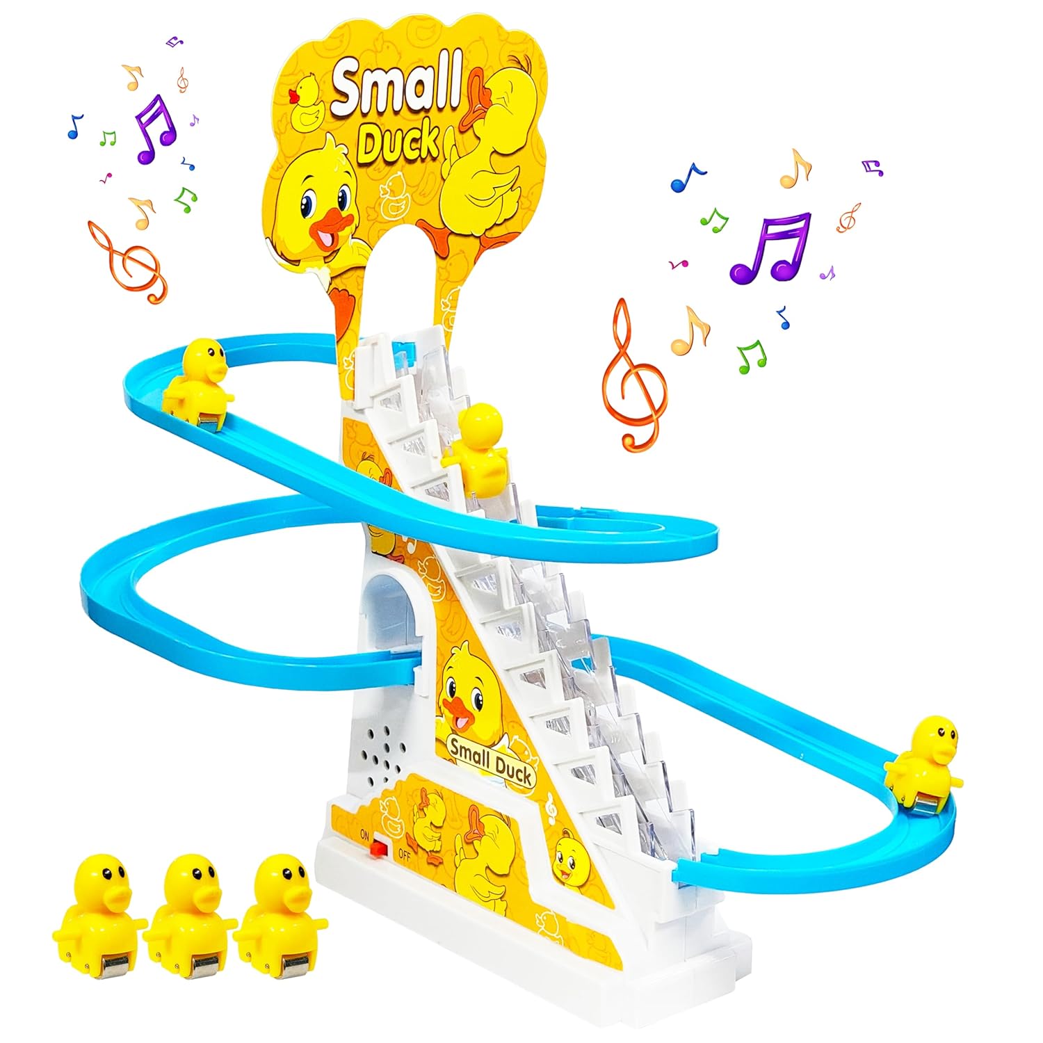 Toy track set with small duck figures and musical notes on a white background