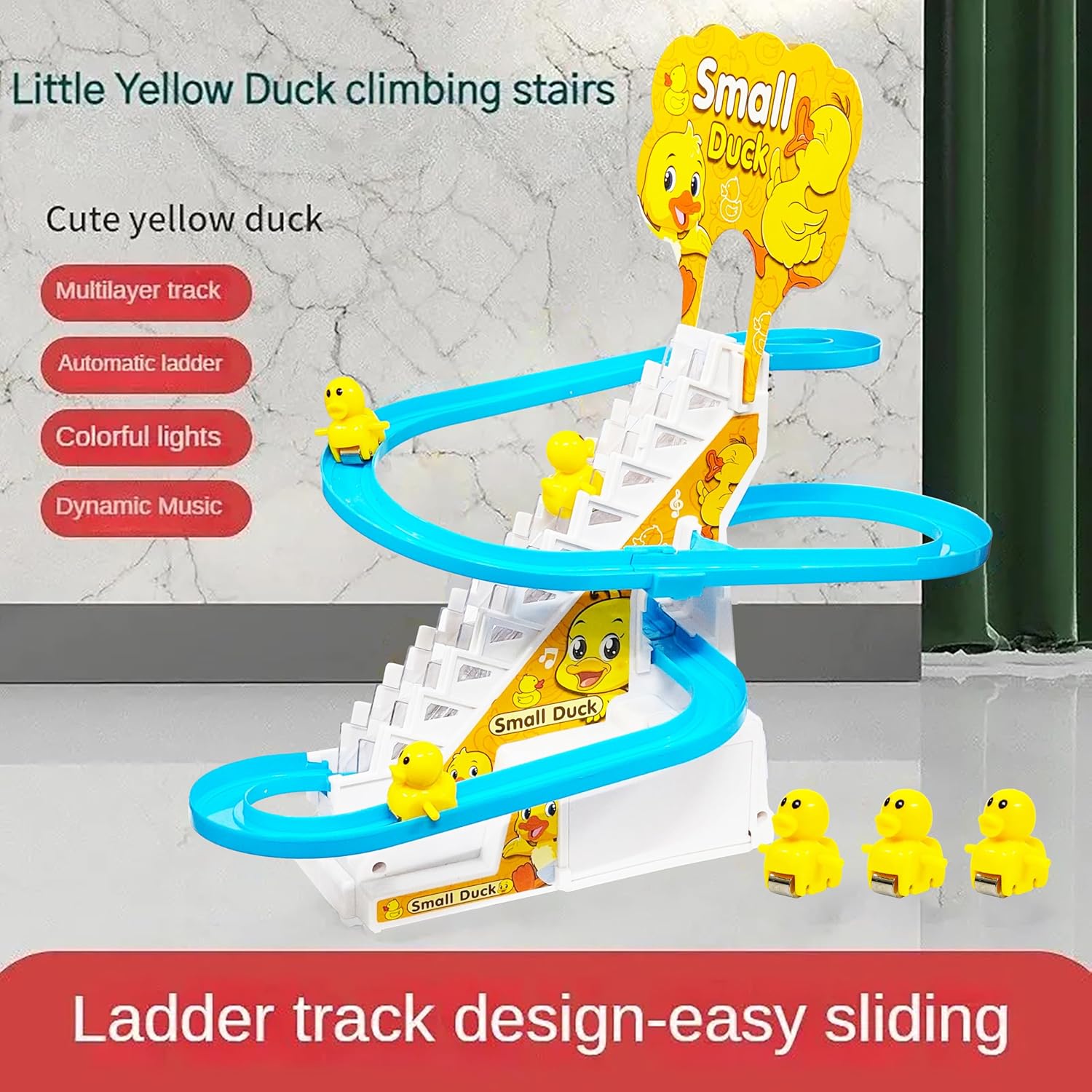 Toy track with yellow ducks climbing stairs on a gray background