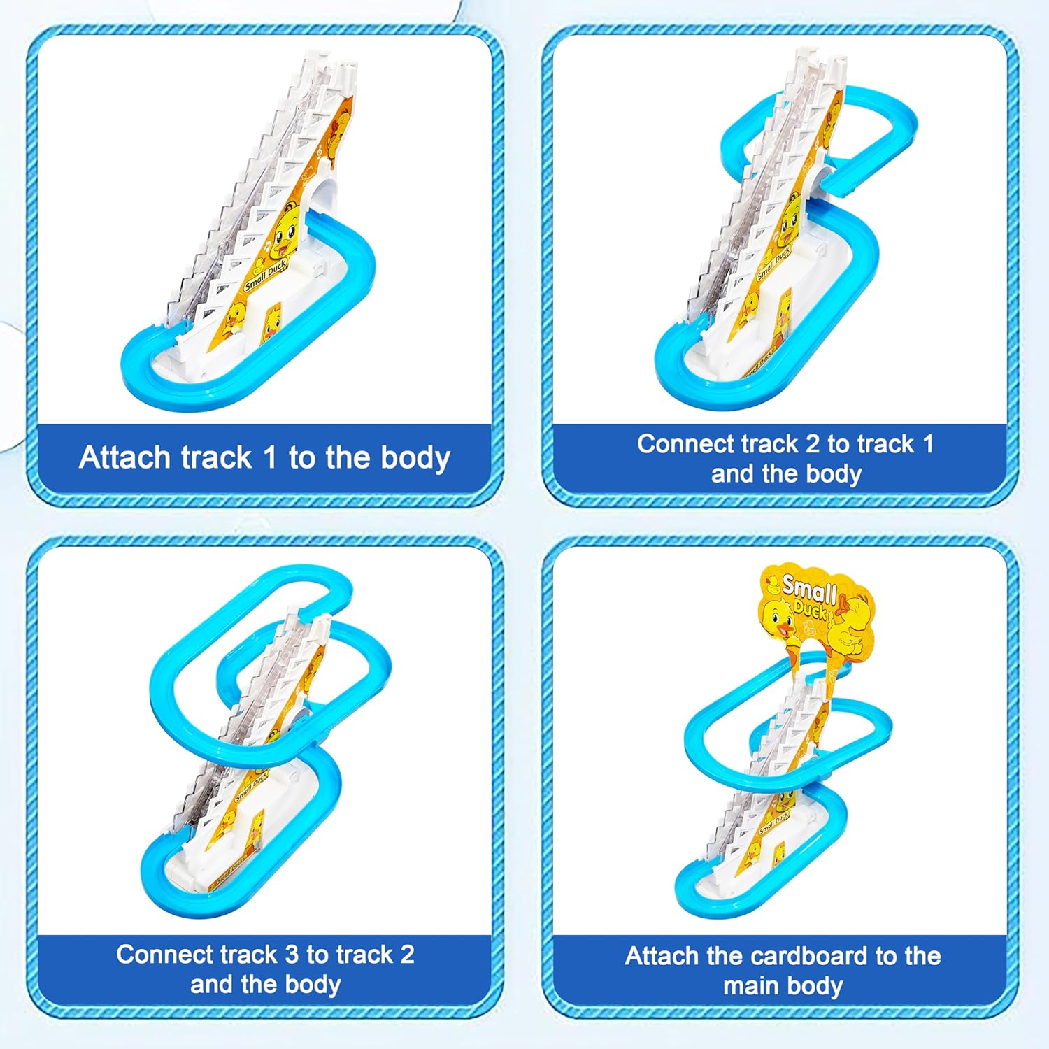Step-by-step assembly instructions for a toy with blue borders on a white background