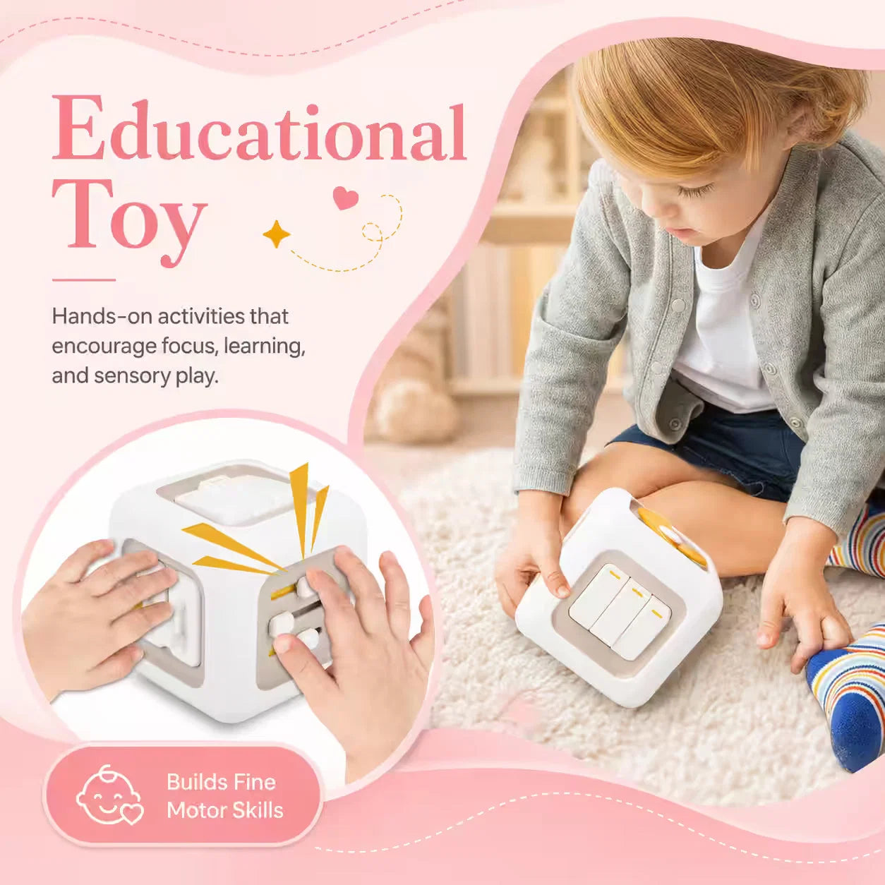 An educational toy cube being played with by a young child on a carpeted floor, with pink promotional text and inset close-up of hands pressing the cube. The scene is styled as a marketing graphic rather than a plain product shot.