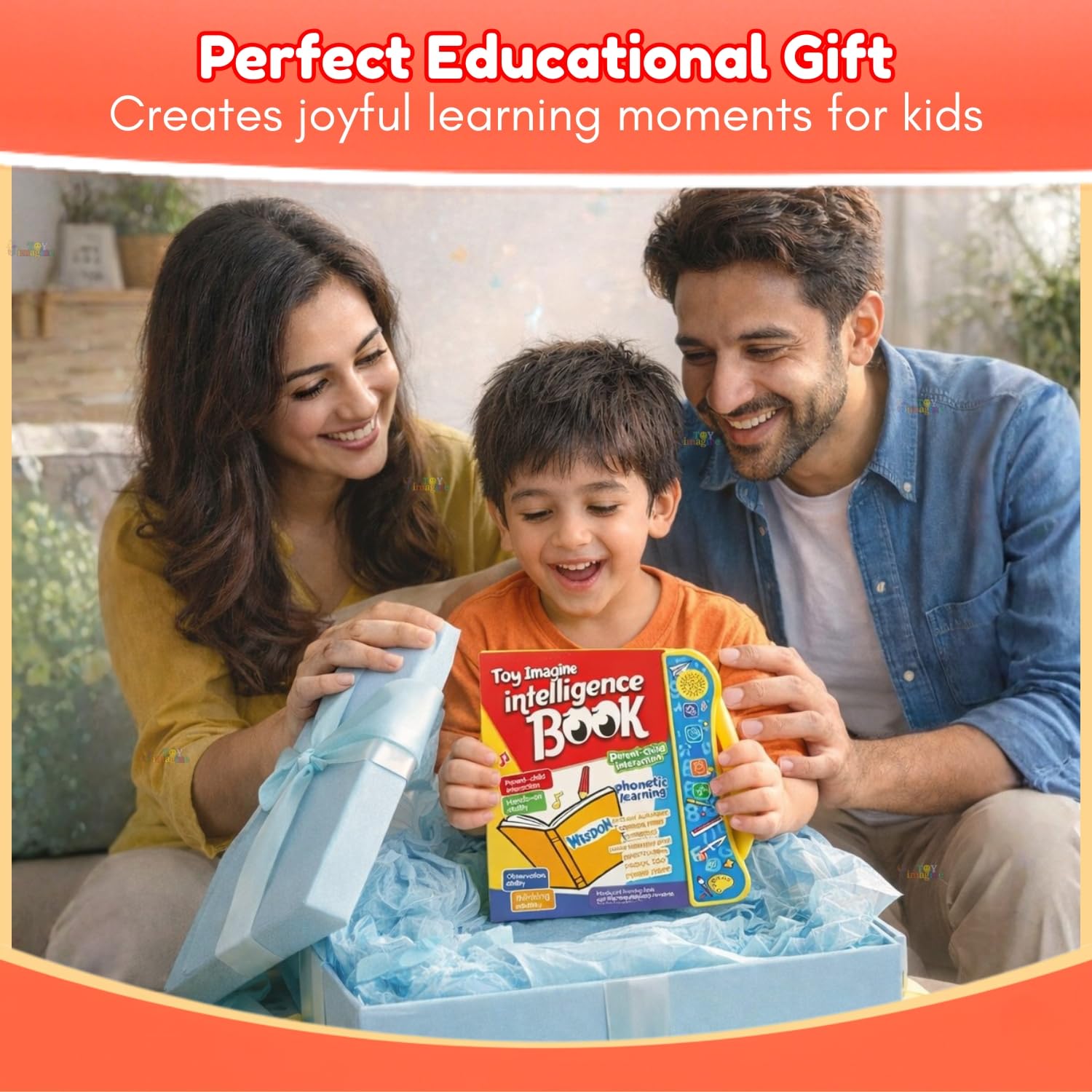 Family opening a gift box together with a child holding an 'Intelligence Book'.