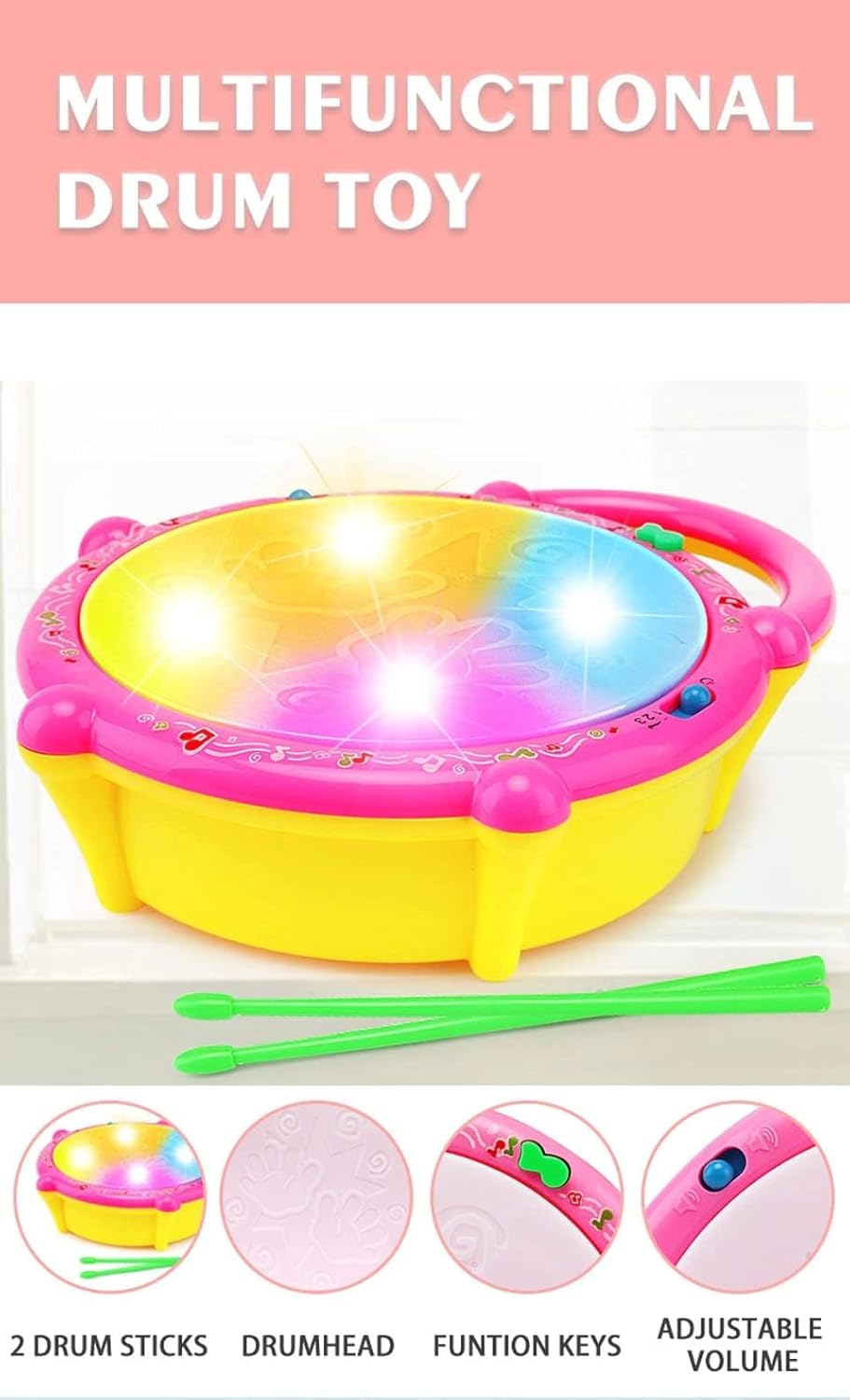 Multifunctional drum toy with pink rim and yellow body on a white background
