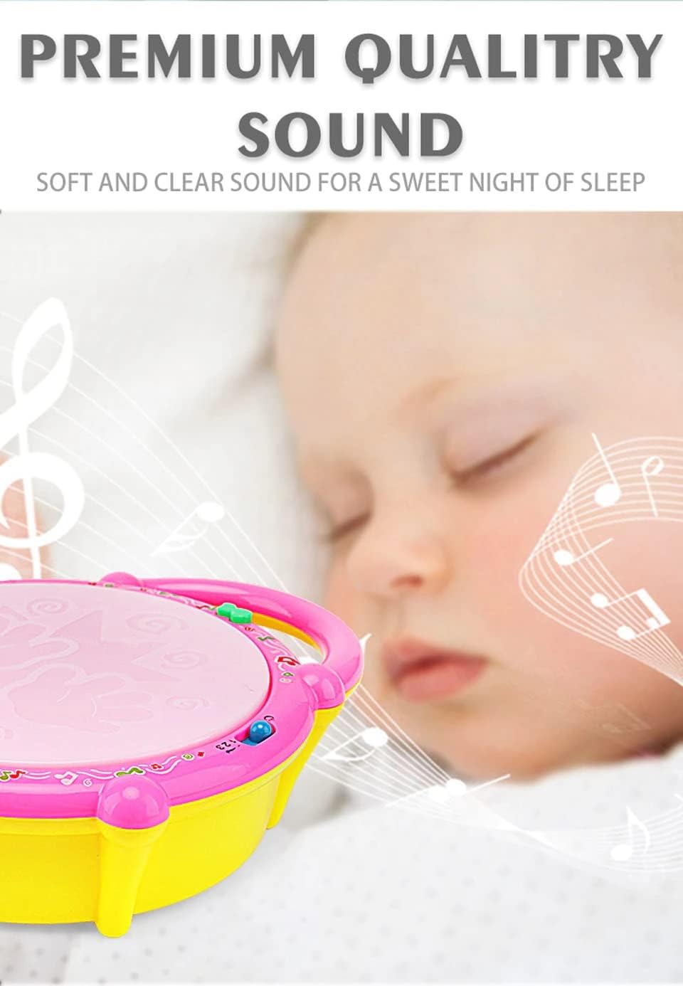 Baby sleeping with a colorful toy near the head, text about premium quality sound for sleep.