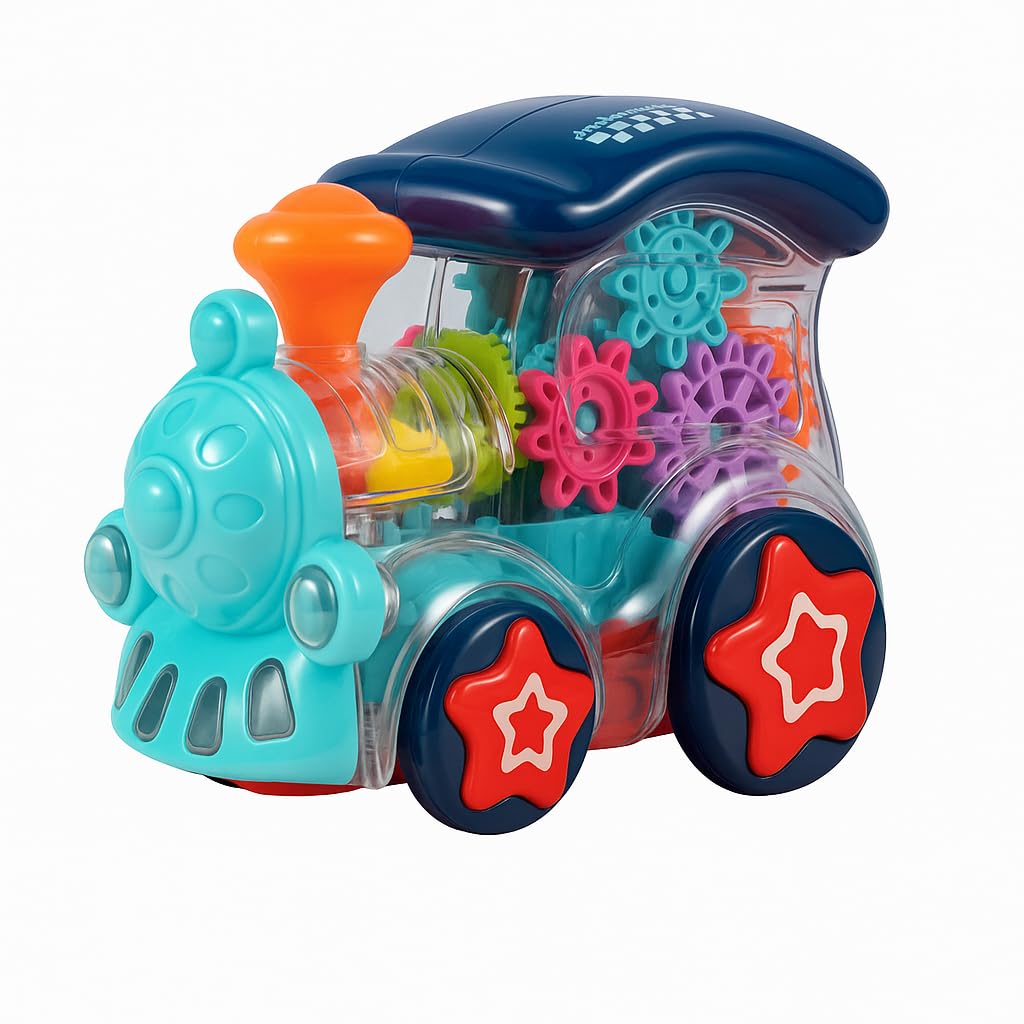 A colorful children's toy train with a transparent cab, featuring a turquoise front, dark blue wheels and roof, red star-shaped wheels, and multicolored gears inside.