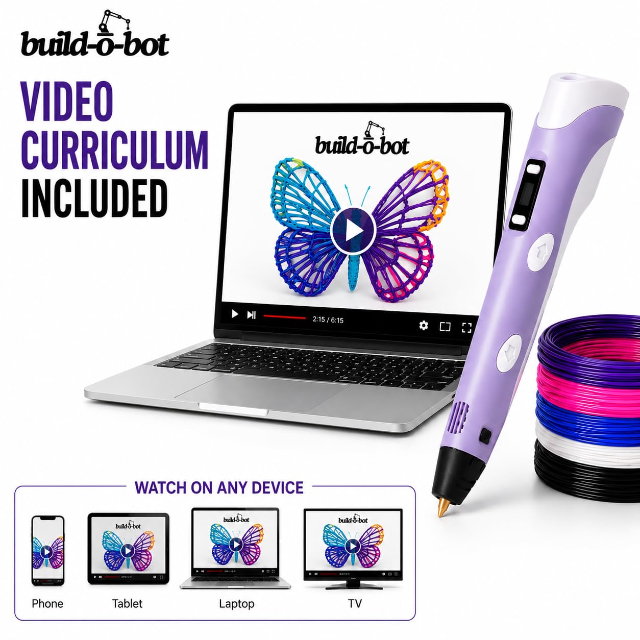 A 3D printing pen in lavender and white is shown next to a stack of colored filament spools, with a laptop displaying a colorful butterfly video lesson on the screen. The brand name 'build-o-bot' is visible on the laptop screen, in the top left corner, and in the bottom-left device compatibility graphic.