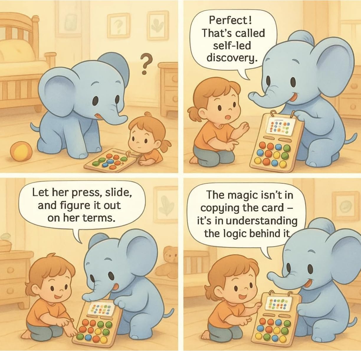 A four-panel cartoon illustration shows a blue elephant and a young child playing with a colorful logic-based toy in a bedroom. Speech bubbles contain educational text about self-led discovery and understanding logic behind cards.