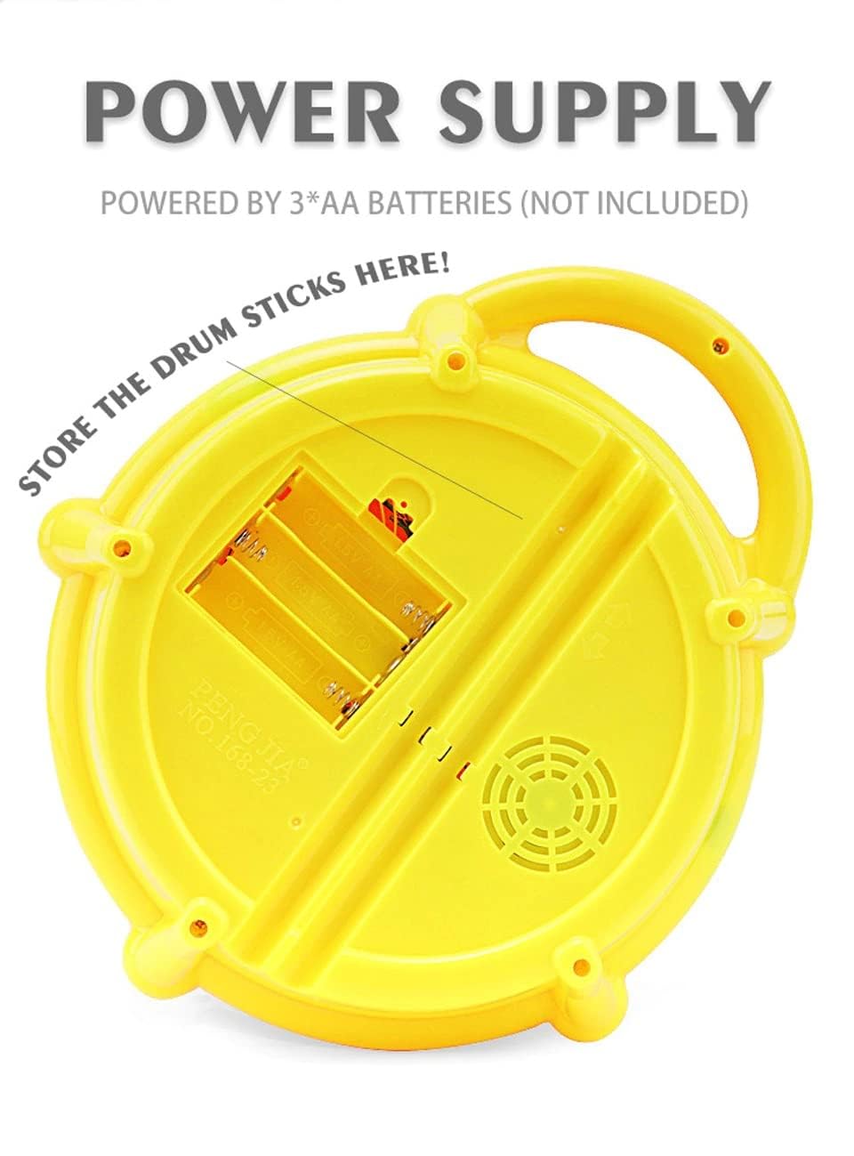 Yellow circular power supply cover with a handle, battery compartment, and storage slots, shown on a white background with text overlays explaining battery and drum stick storage.