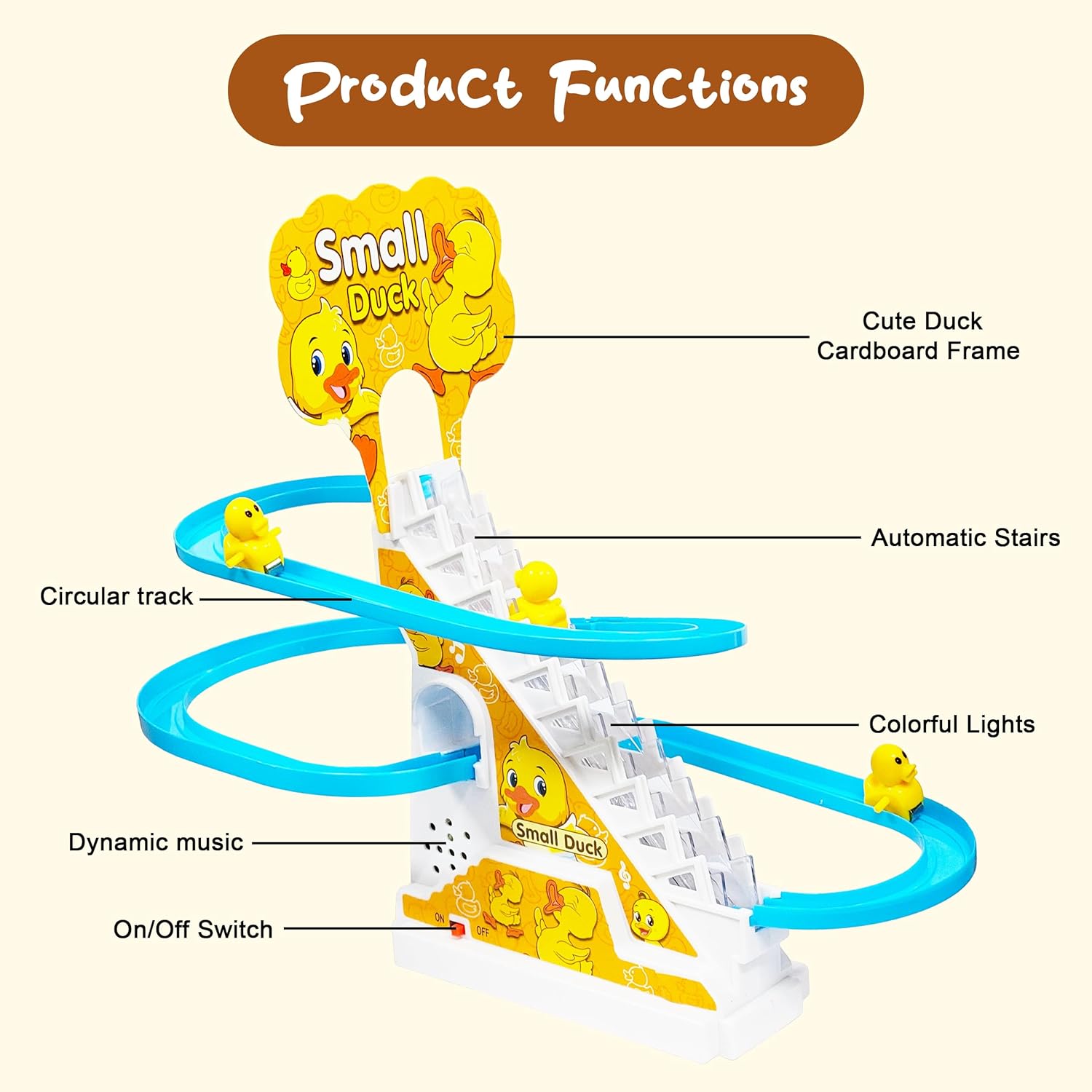 Toy track with small ducks labeled for different features on a beige background