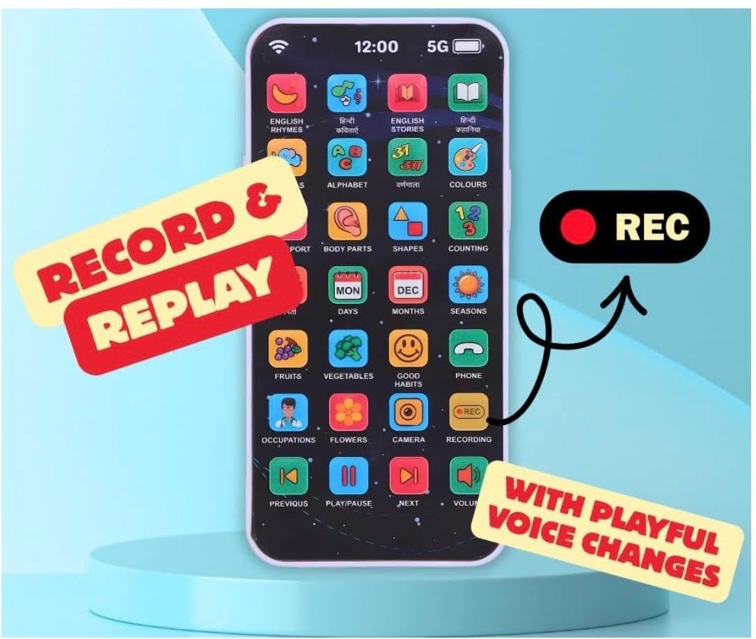 Smartphone with educational app icons on a blue background, featuring text 'Record & Replay' and 'With Playful Voice Changes'.