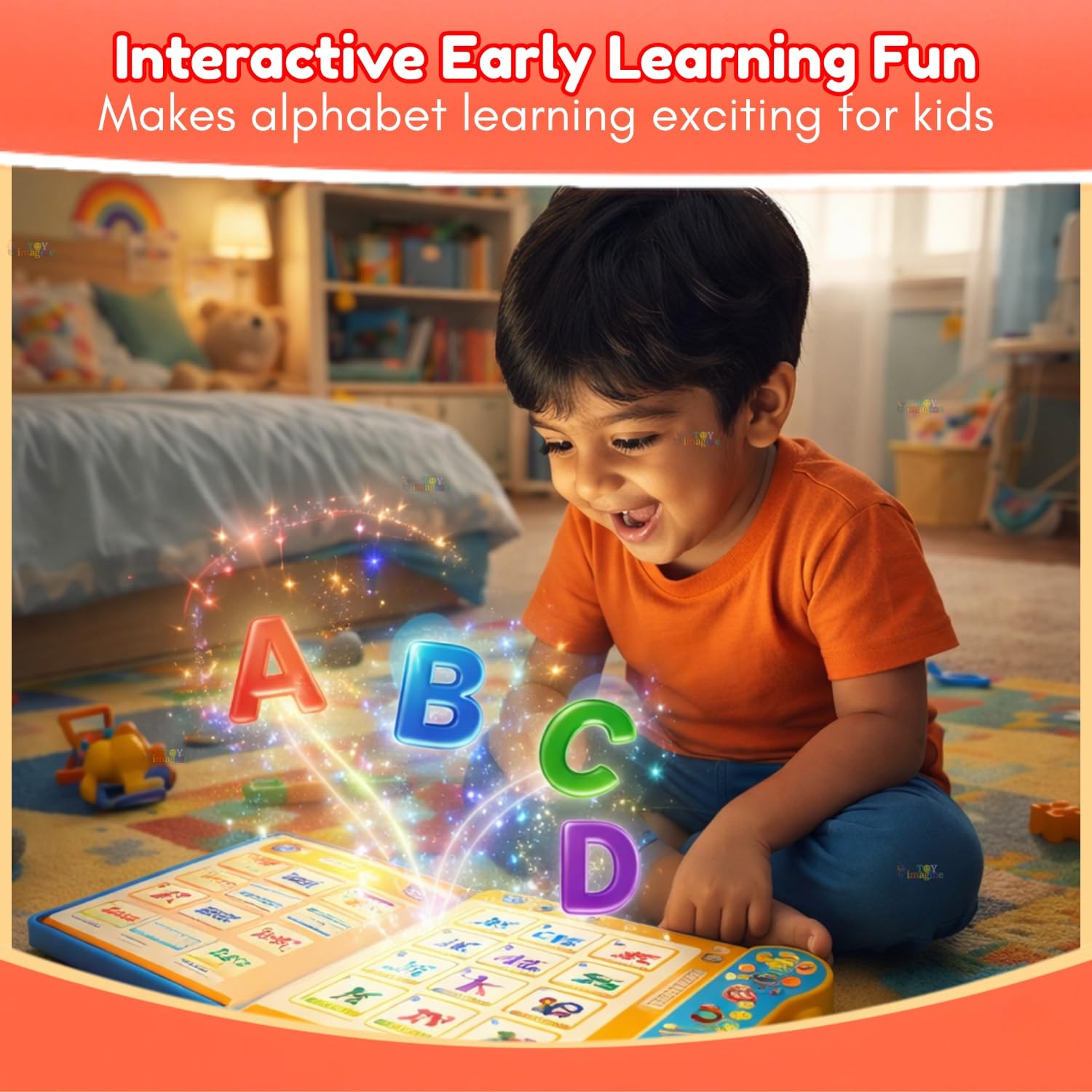 Child playing with an educational toy that displays letters A to D, with a colorful room in the background.