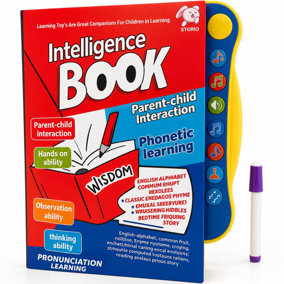 Intelligence Book educational toy with colorful buttons and a pen on a white background