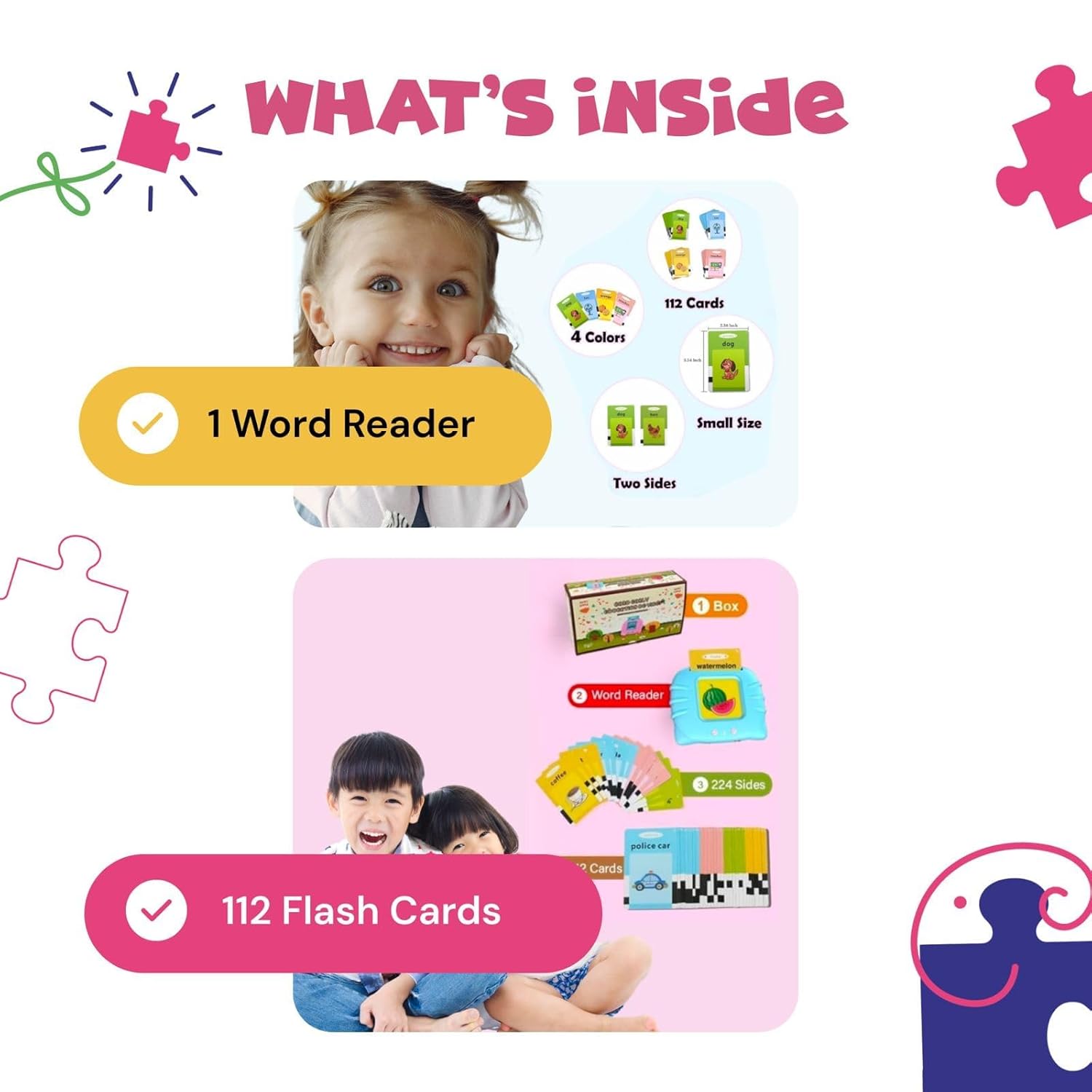 Kids talking flash cards with educational cards