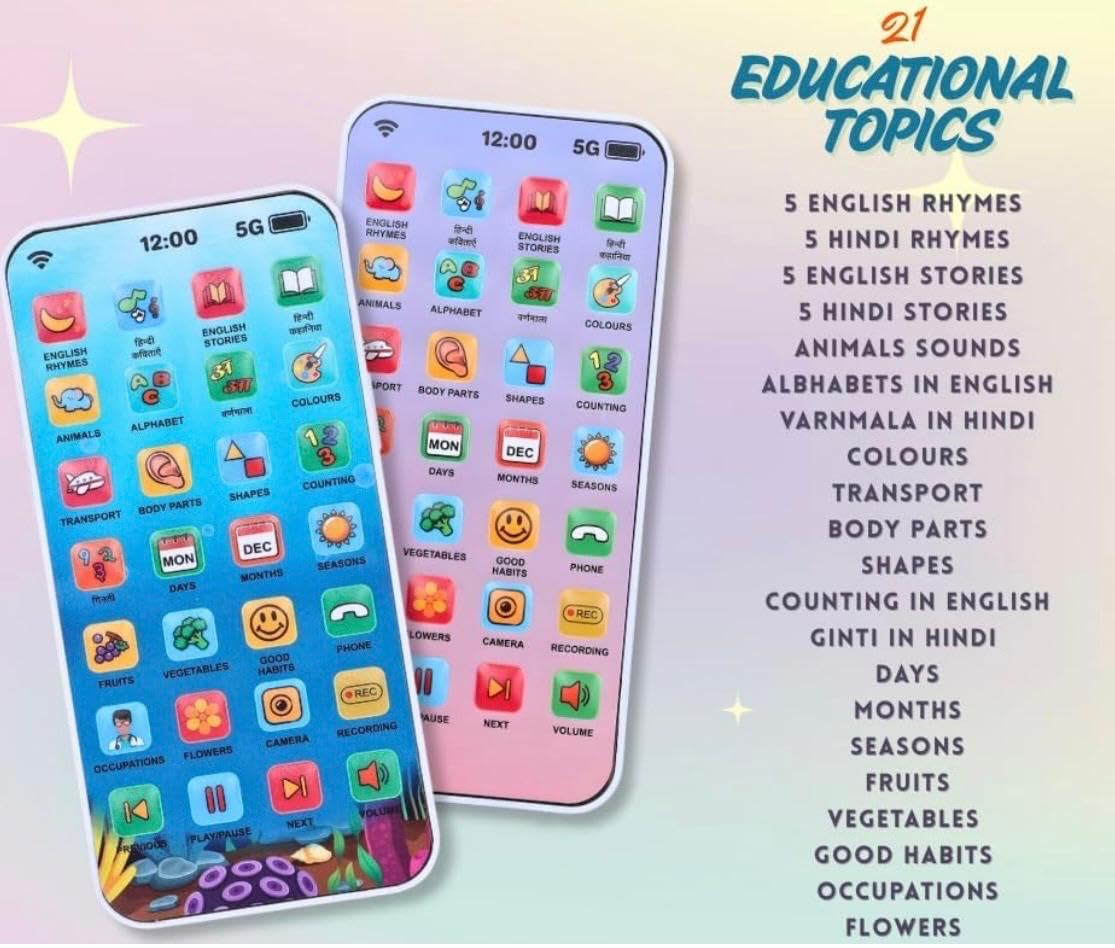 Two colorful smartphone screens with educational app icons and a list of educational topics on a light blue background.