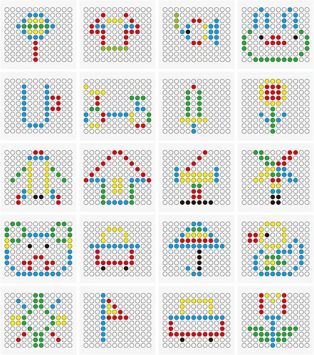 Grid of colorful letter shapes on a white background
