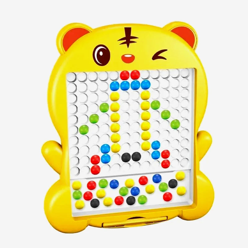 A yellow bear-shaped children's pegboard toy with colorful round beads on a white grid, shown against a light gray background.