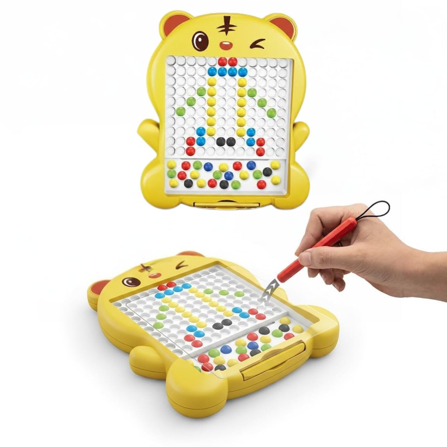 A yellow cartoon-shaped bead puzzle toy shown from two angles on a white background, with a hand holding a red-handled tool to manipulate the colorful beads.