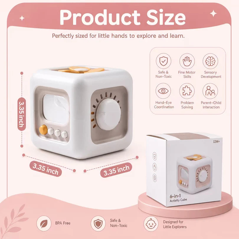 A product size infographic for a 6-in-1 activity cube toy. The main product is shown in white with gold accents, with dimension lines indicating a size of 3.