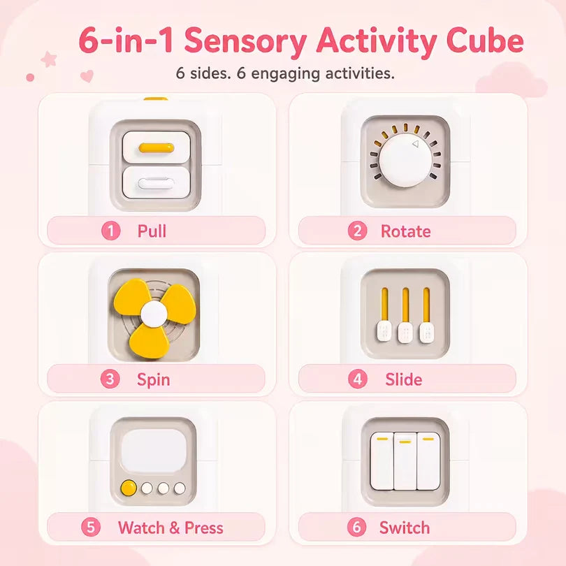 An informational product graphic for a 6-in-1 sensory activity cube, showing six different tactile activities labeled 1 Pull, 2 Rotate, 3 Spin, 4 Slide, 5 Watch & Press, and 6 Switch on a soft pink background.