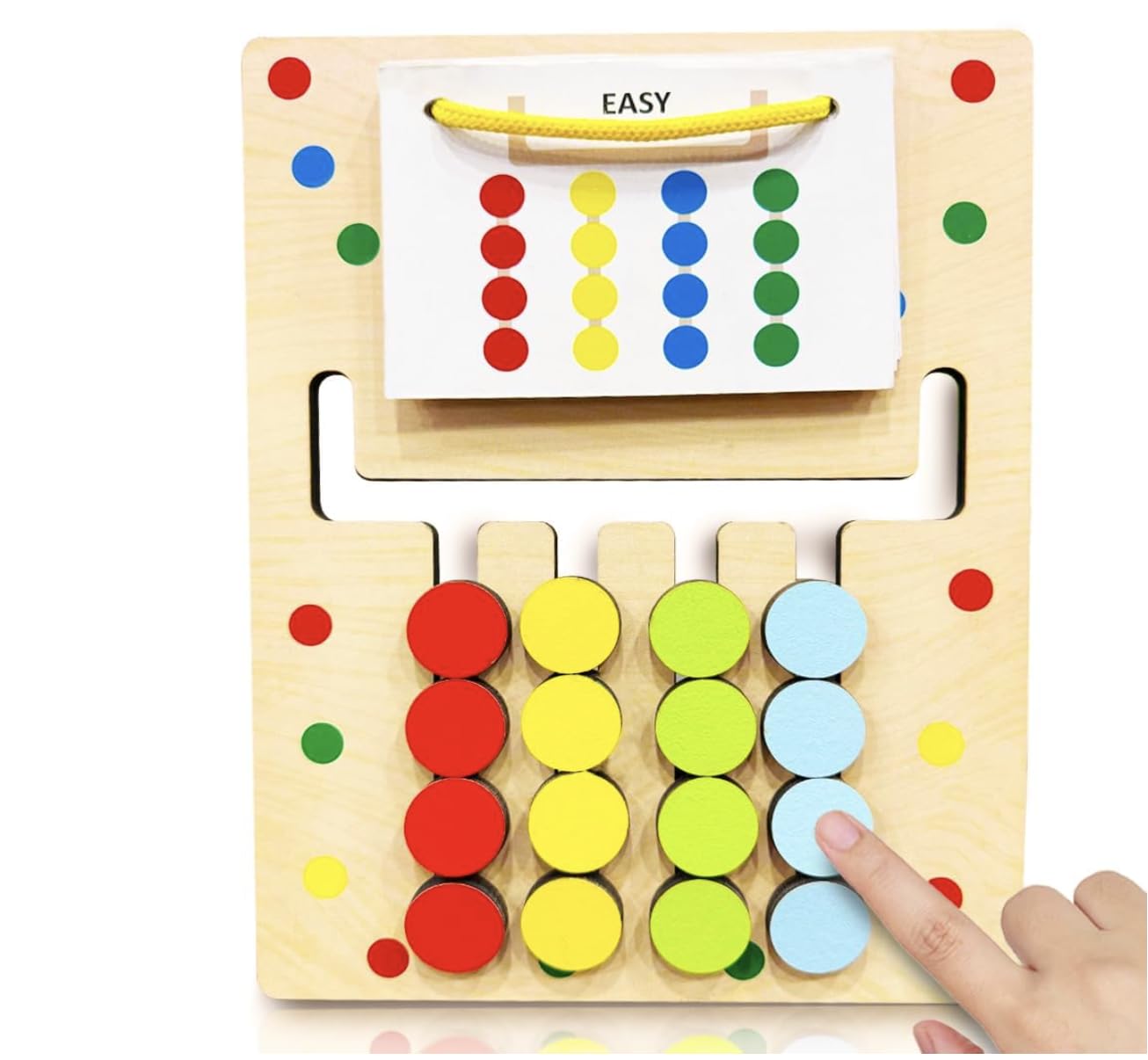 A wooden Montessori-style bead board toy with colorful round beads in red, yellow, green, and blue, plus a small hanging chart card labeled 'EASY'. A child's hand is touching the blue beads on the lower right.