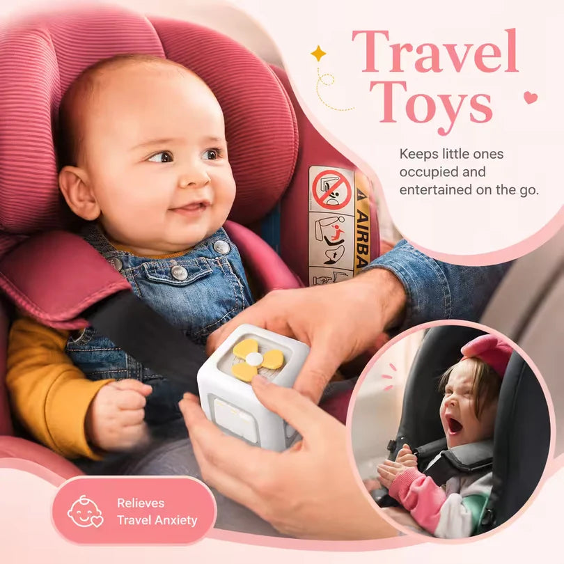 Baby in a car seat with travel toys, including a no-airplane sign and a child crying, with text about travel toys.