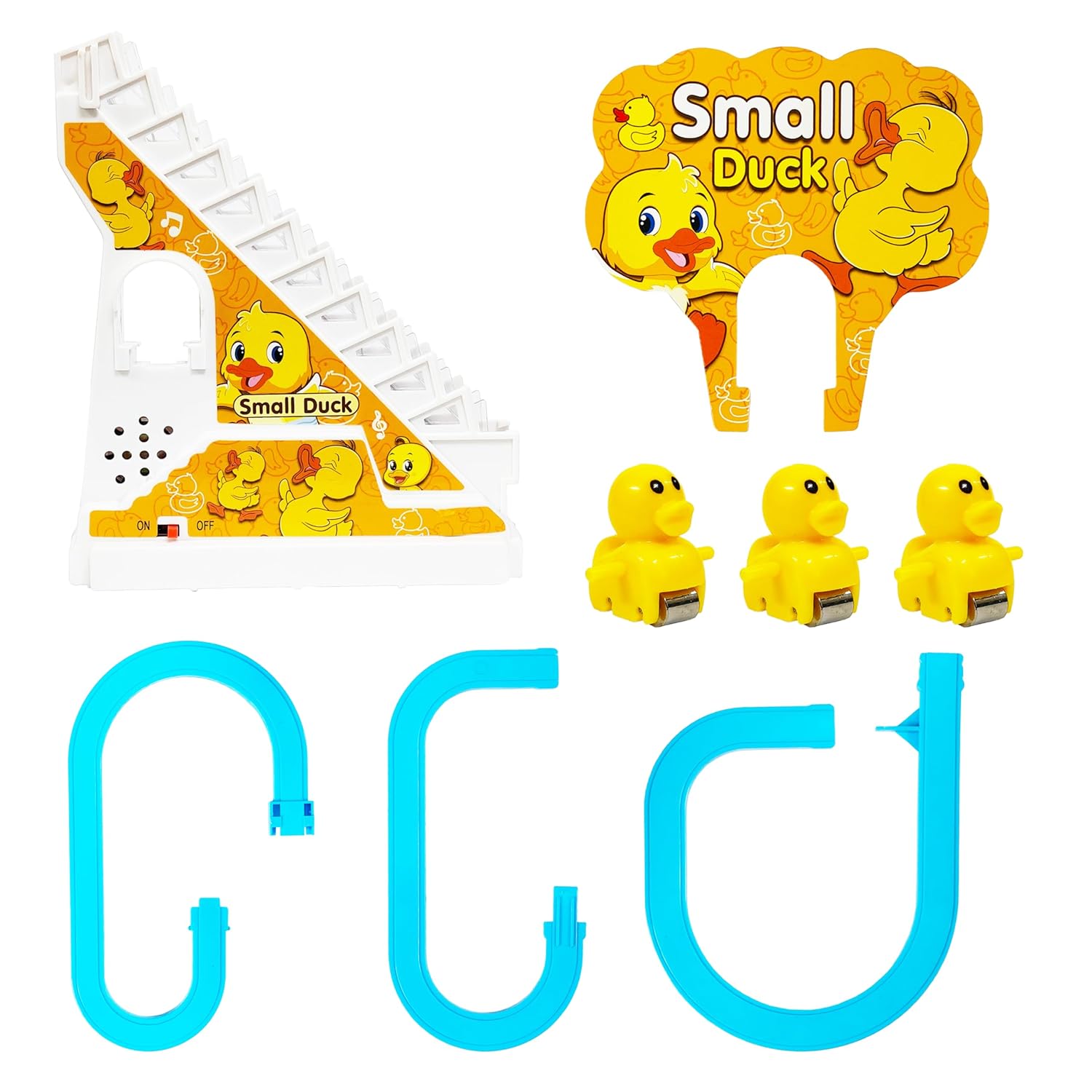 Small Duck toy set with ducks, track, and packaging on a white background