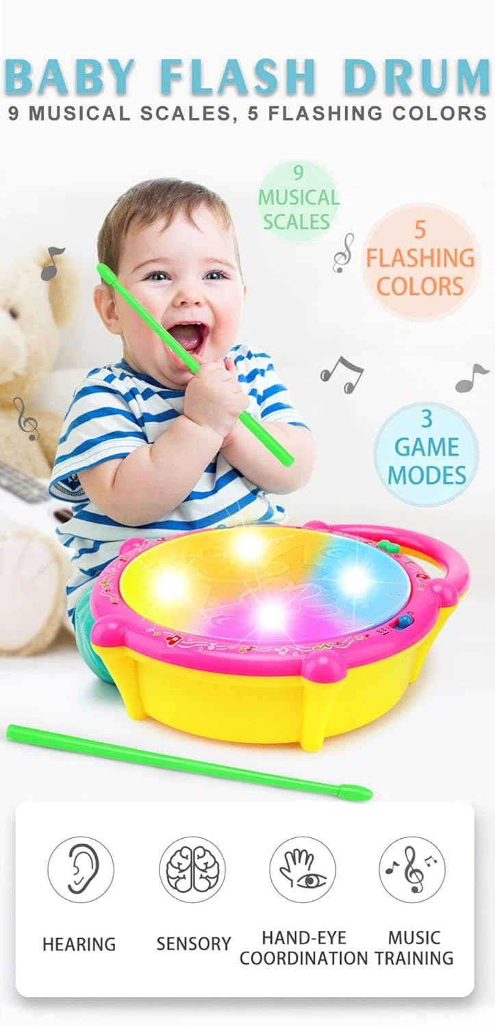Baby playing with a colorful flash drum, surrounded by educational icons and text about its features.