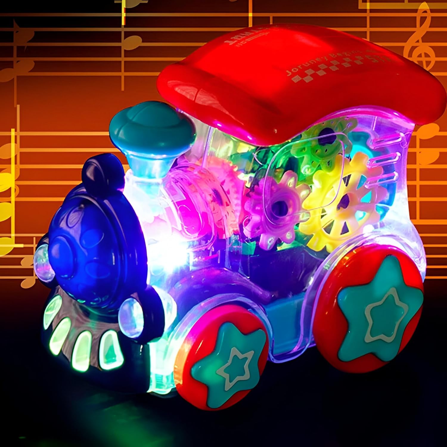 A colorful toy train light with glowing internal gears and star-shaped wheels, shown against a dark background with musical notes and staff lines.