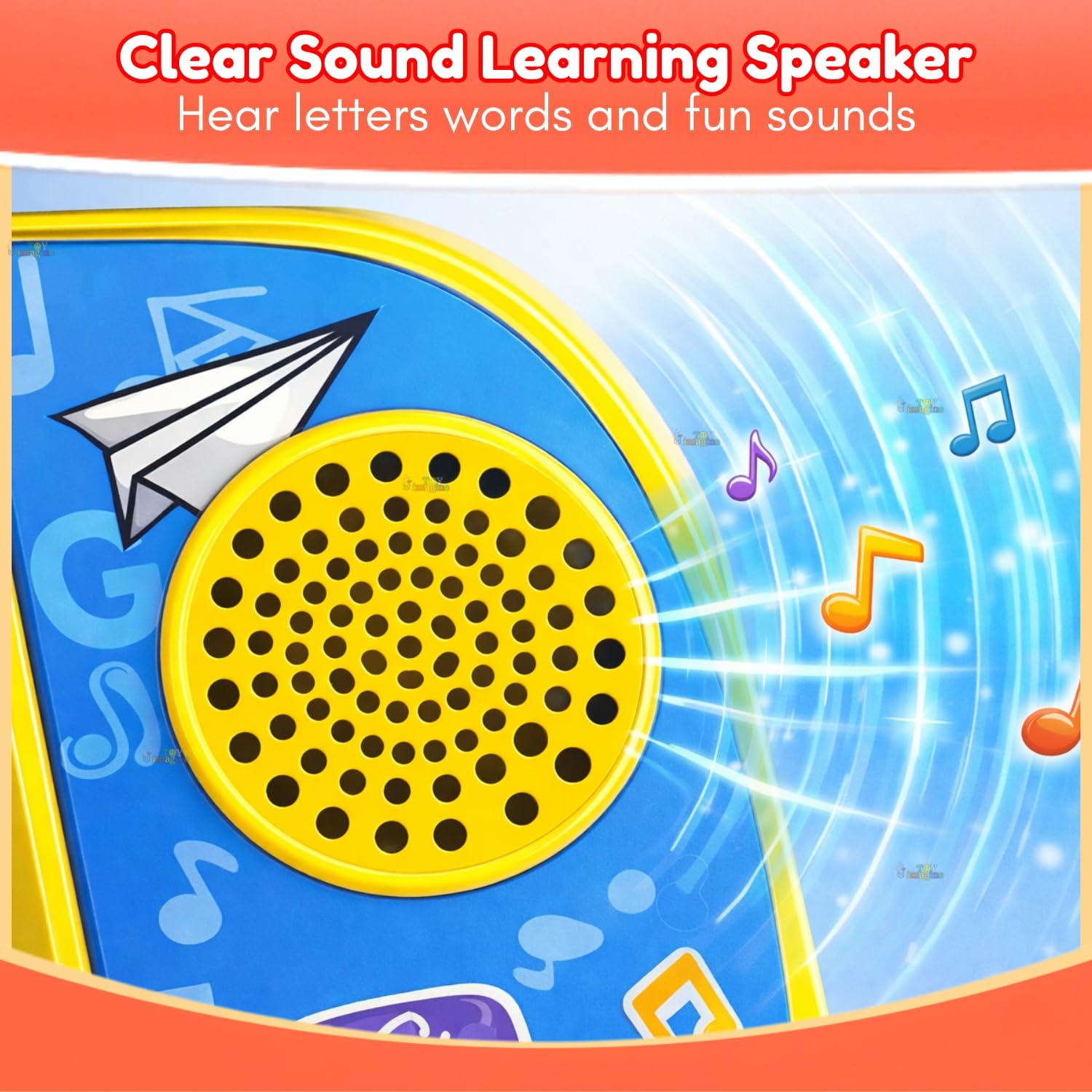 Clear Sound Learning Speaker with colorful design and text on an orange background