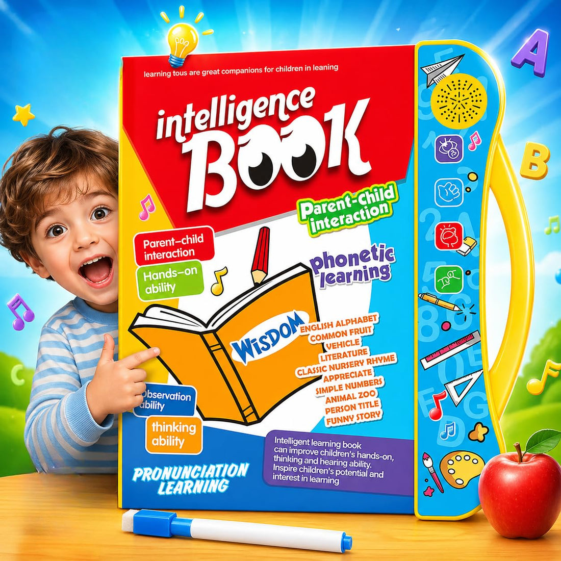 Children's educational book with colorful cover and child holding it, surrounded by learning-themed elements.