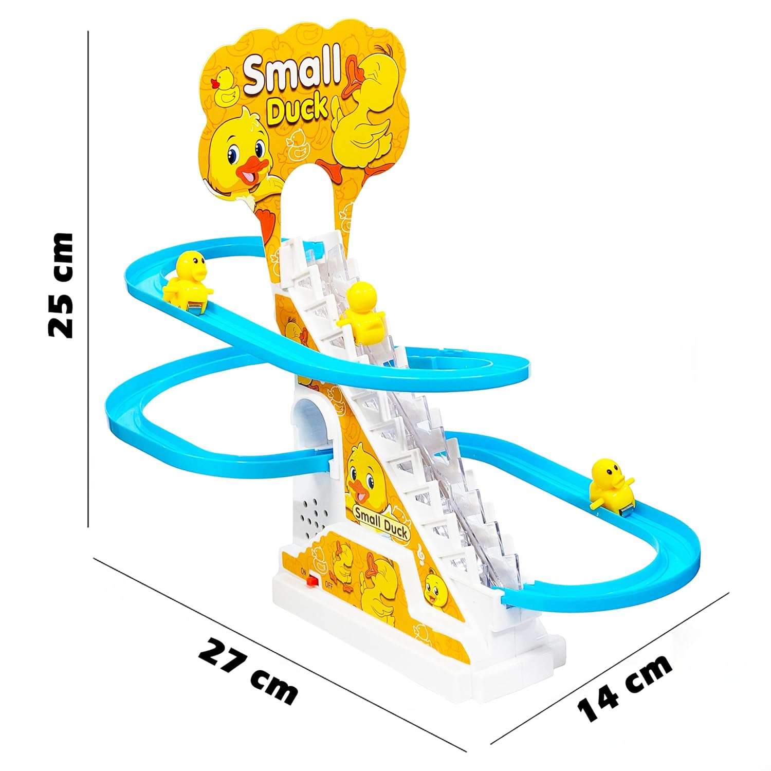 Toy track set with small duck figures and measurements on a white background