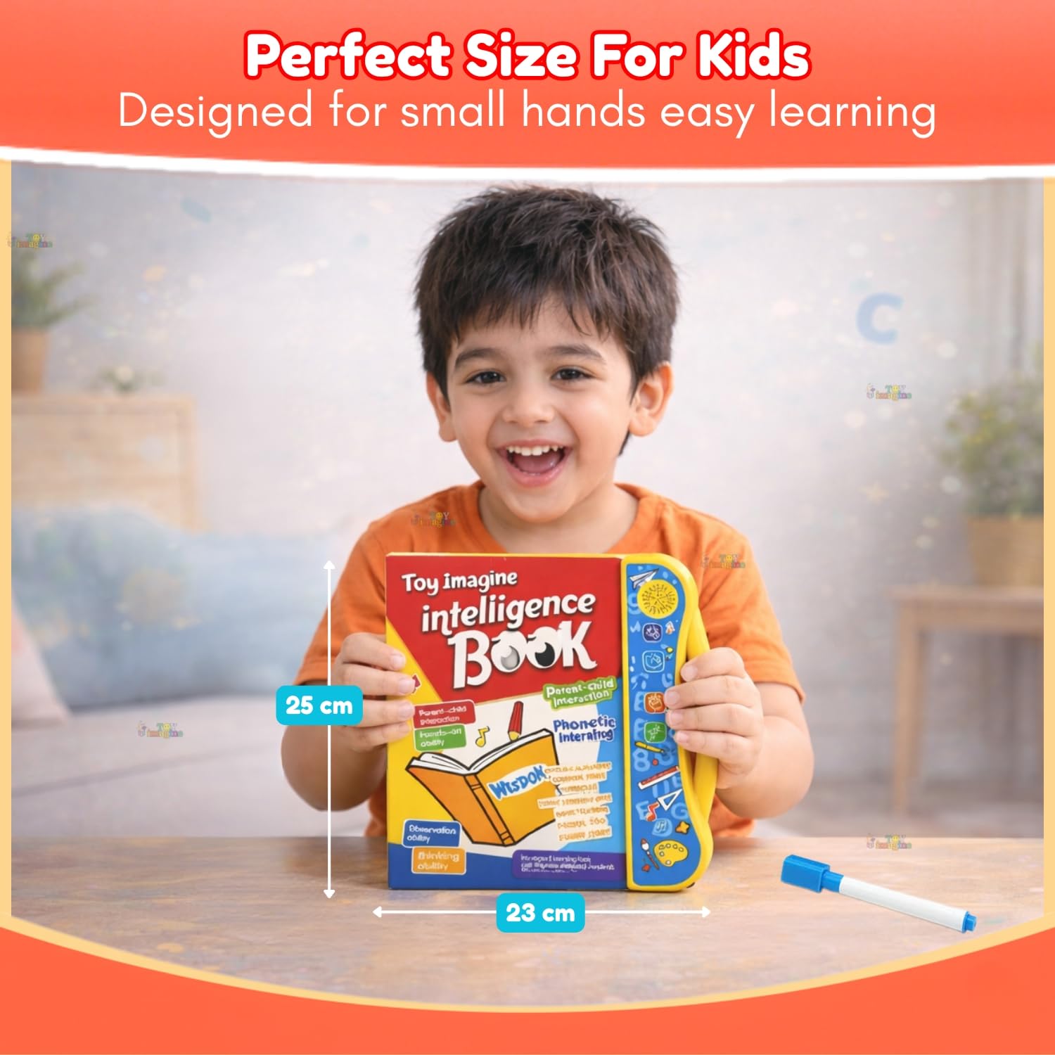 Child holding a toy intelligence book with measurement details, designed for small hands easy learning.