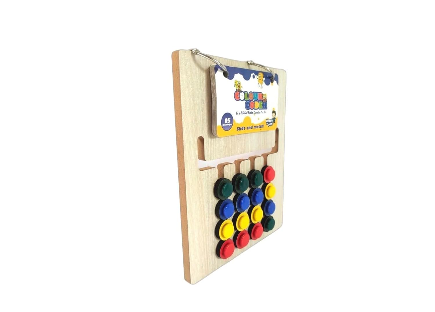 A wooden Montessori color and shape sorting board with colorful pegs, shown on a plain white background.