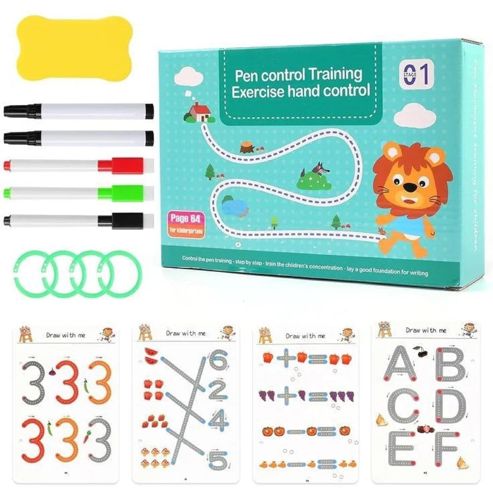 Educational materials for pen control training with markers, stickers, and a lion-themed box.