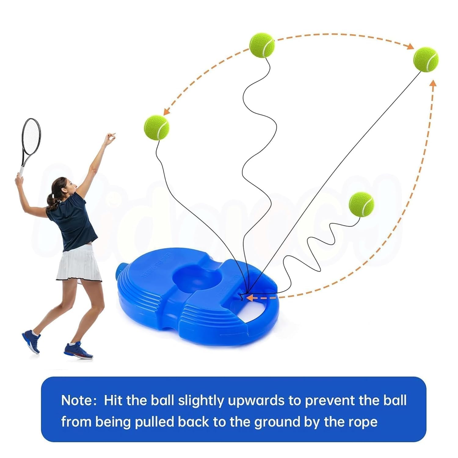 A blue tennis ball training device on a white background, with a woman holding a tennis racket demonstrating use. The image includes a diagram of tennis balls and rope trajectories and a blue text box with instructions.