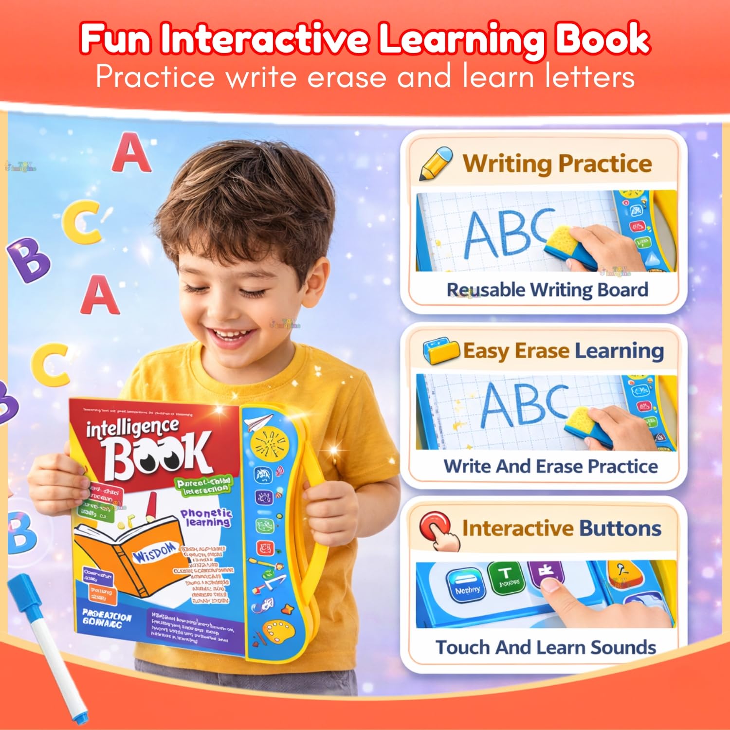Interactive learning book for children with writing practice, easy erase learning, and interactive buttons.