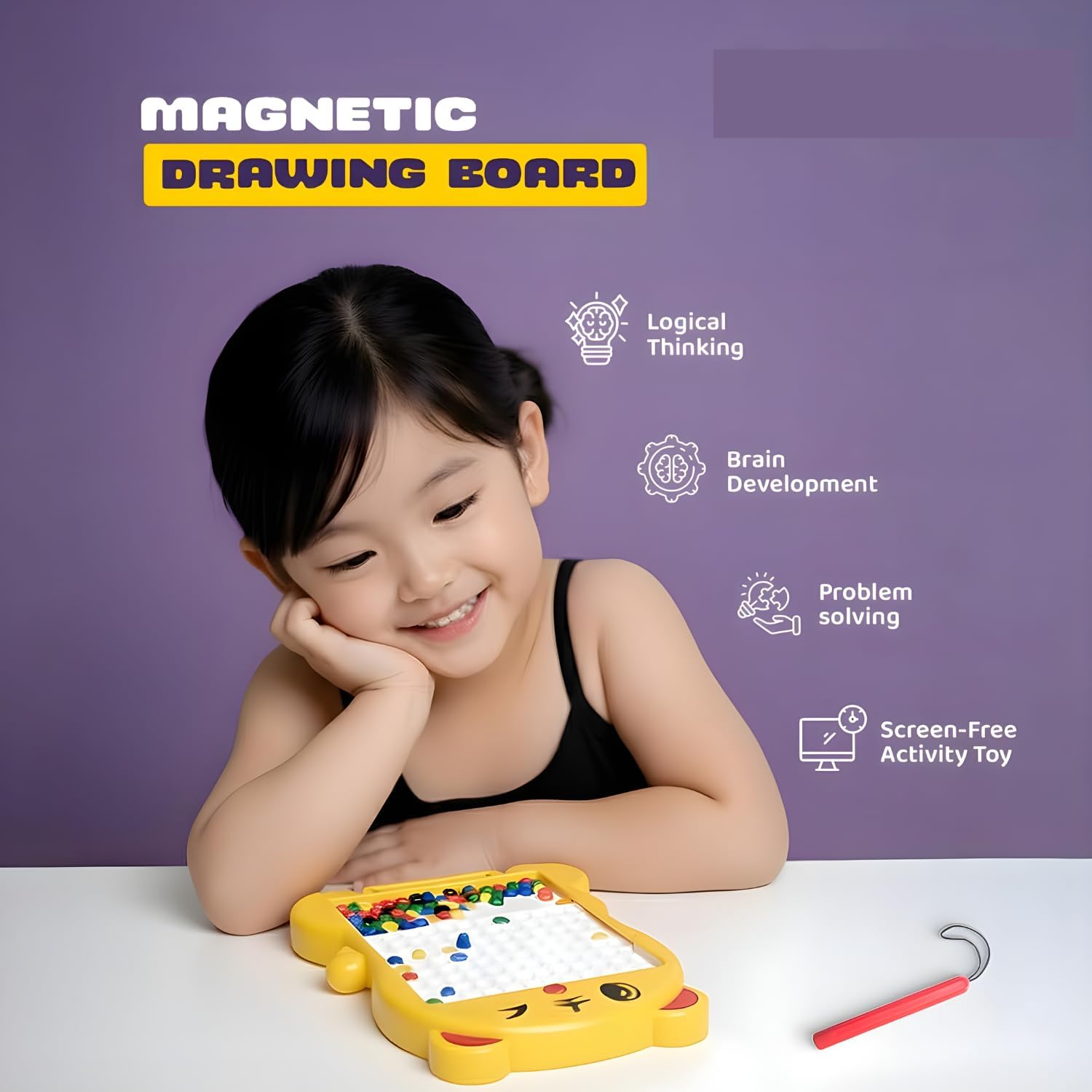 A young child with dark hair sits at a white table, smiling at a yellow magnetic drawing board with colorful magnetic pieces. The background is a solid purple wall with text highlighting benefits like 'Logical Thinking', 'Brain Development', 'Problem solving', and 'Screen-Free Activity Toy'.