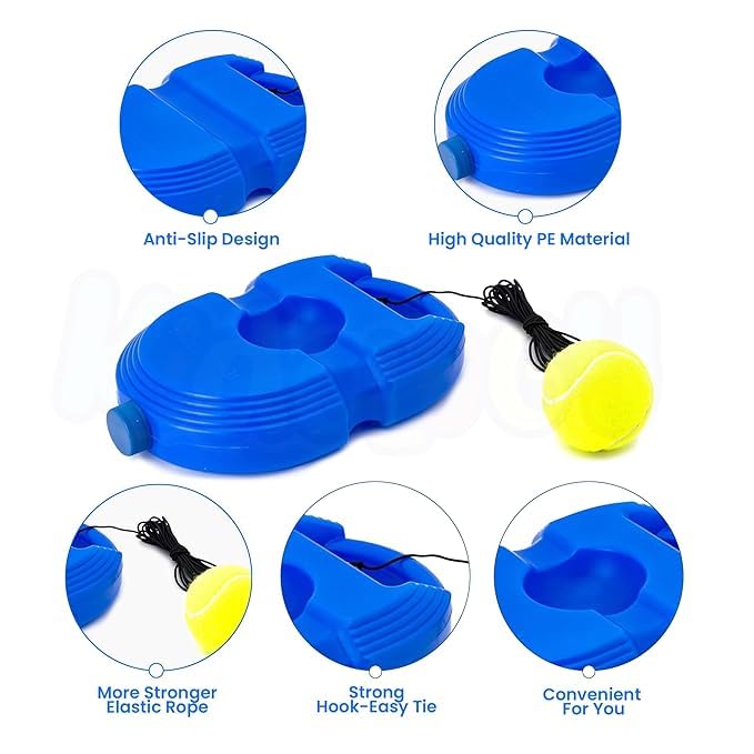Blue plastic dog tug toy with a yellow tennis ball attached by a black elastic rope, shown on a white background with six circular feature callouts and text describing anti-slip design, high quality PE material, stronger elastic rope, strong hook-easy tie, and convenient design.