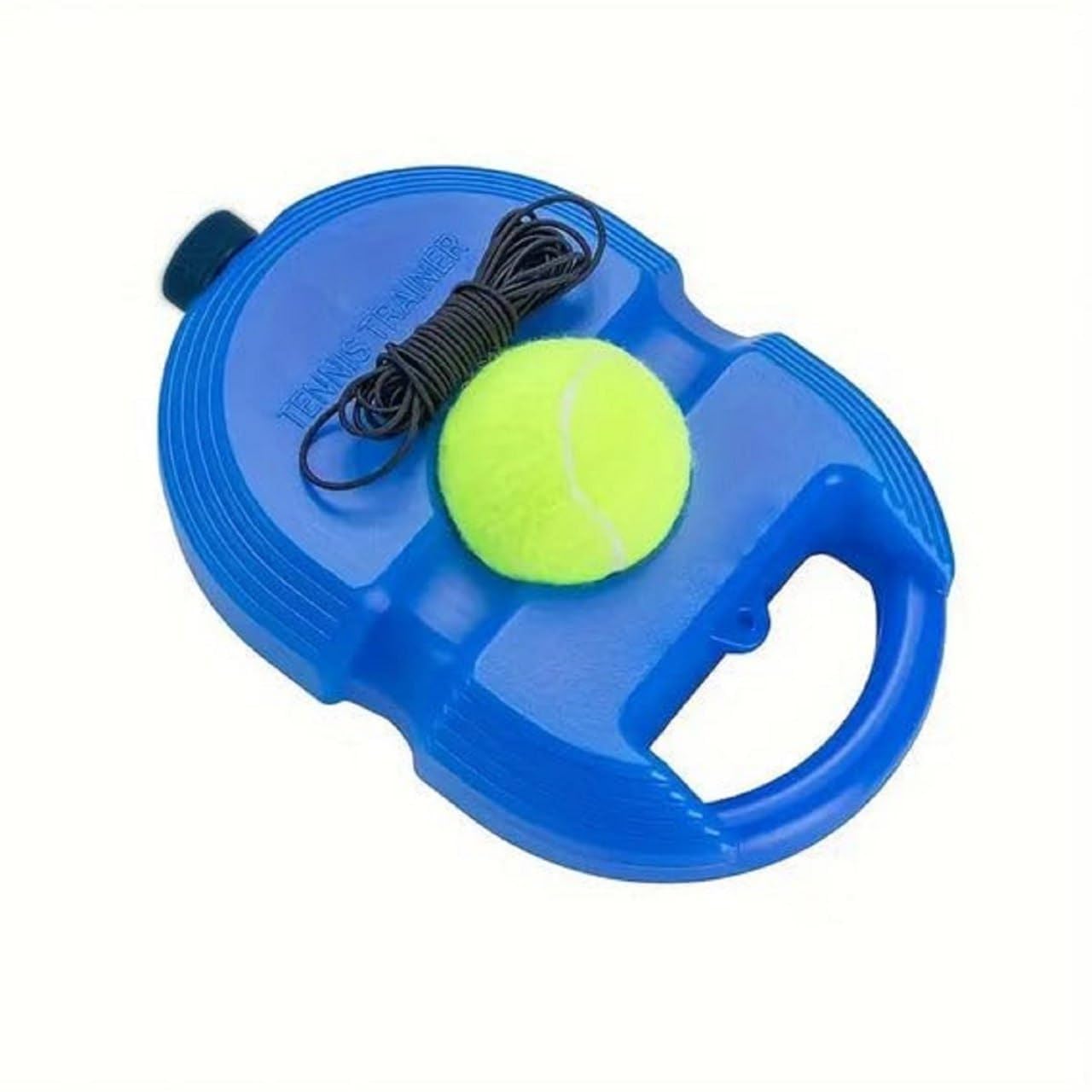 Blue tennis ball launcher with a yellow tennis ball on a white background
